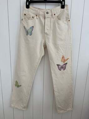 Levi's 501 Jeans Size W26 L28 Off-White Butterfly Print Button Fly